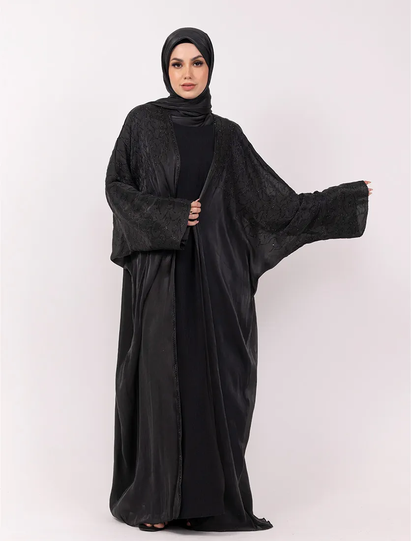Black Embellished Sheer Abaya Set